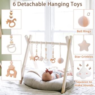 Wooden Baby Gym with 6 Gym Toys, Foldable Baby Pla... - Image 3