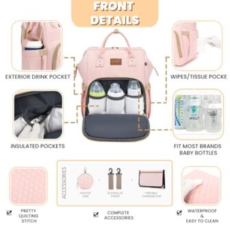 Pink Diaper Bag Backpack for Baby Girls - Perfect ... - Image 4